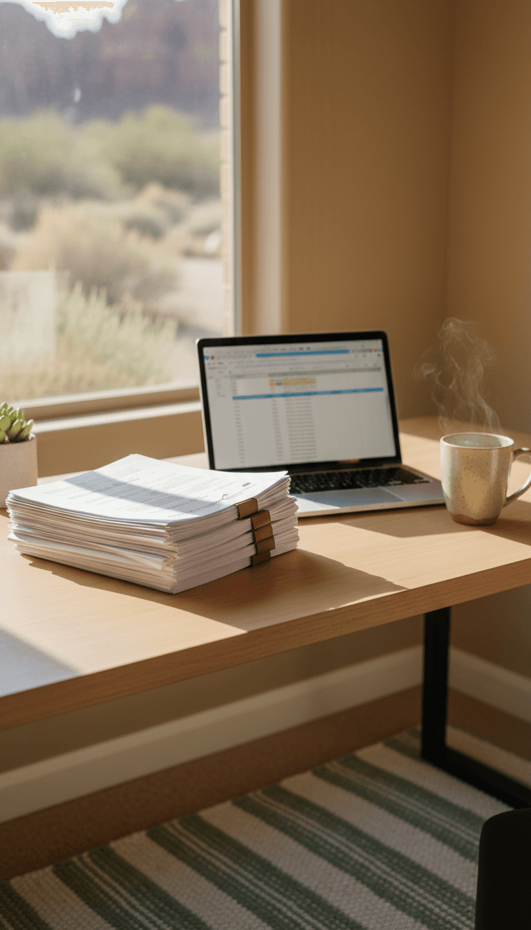 Neat stack of clinical documents and a laptop on a tidy administrator desk