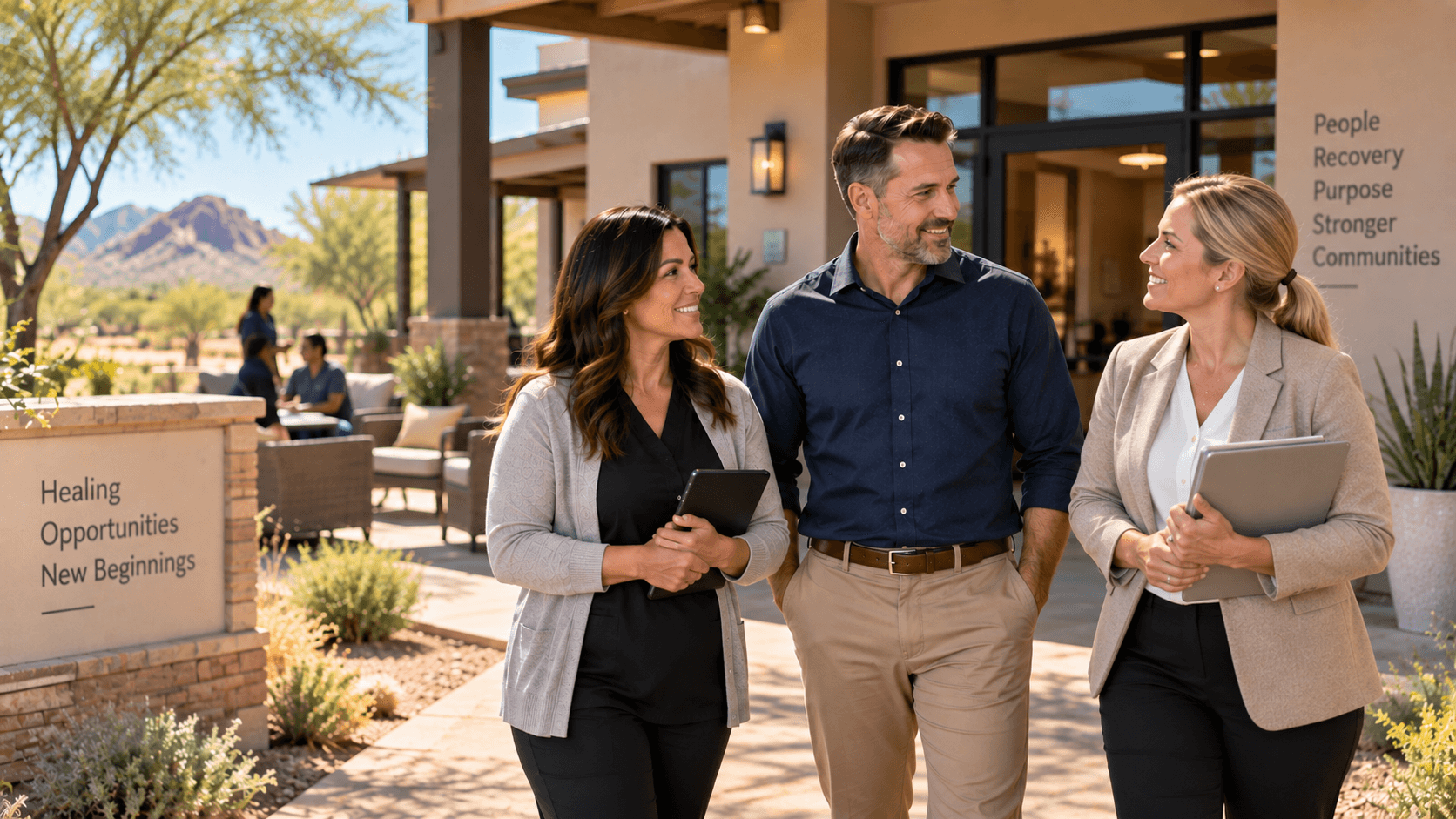 Three smiling professionals walk outside a modern recovery center in a sunny desert landscape.