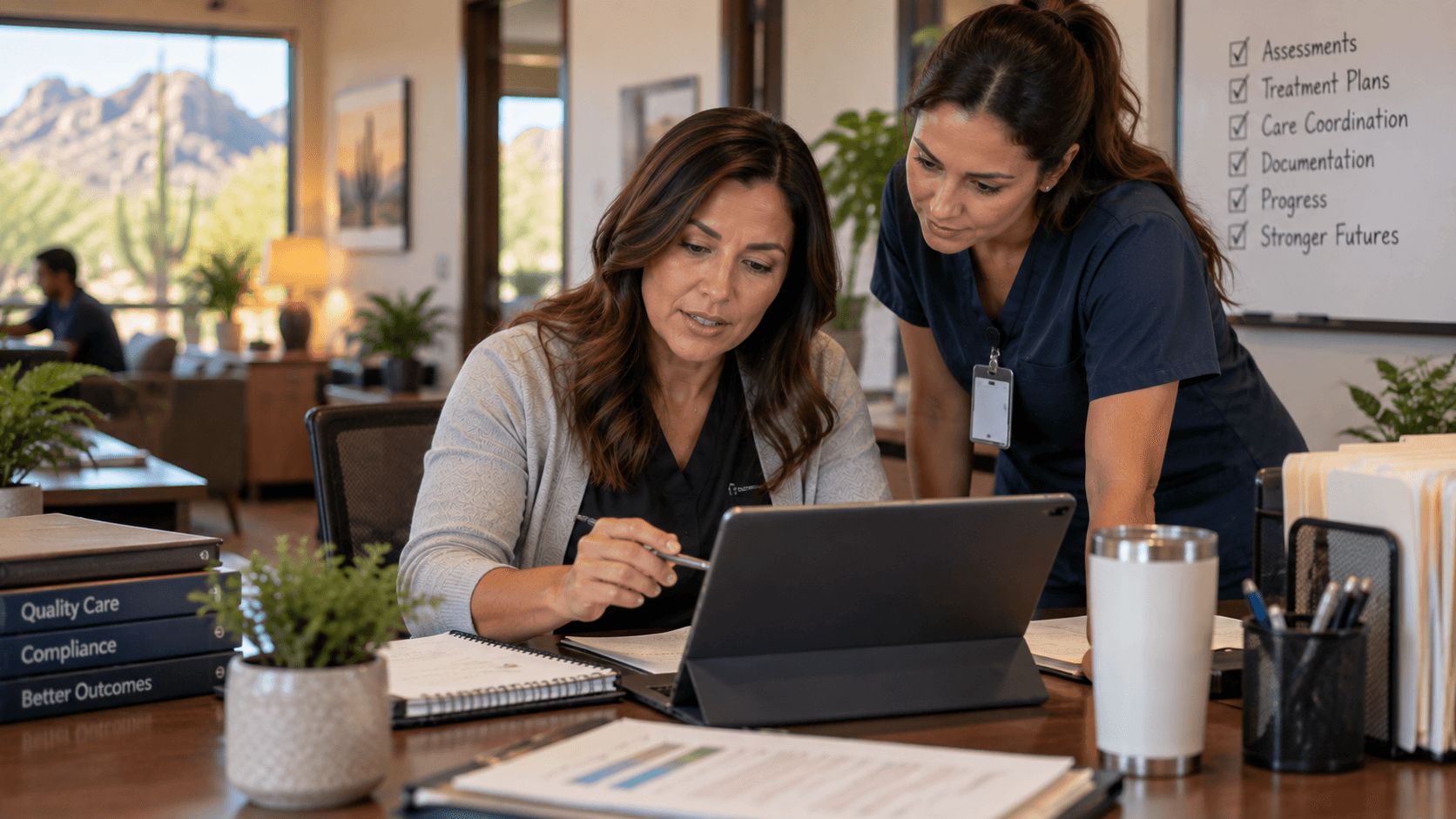 Two healthcare professionals collaborate while reviewing information on a tablet in a modern office.
