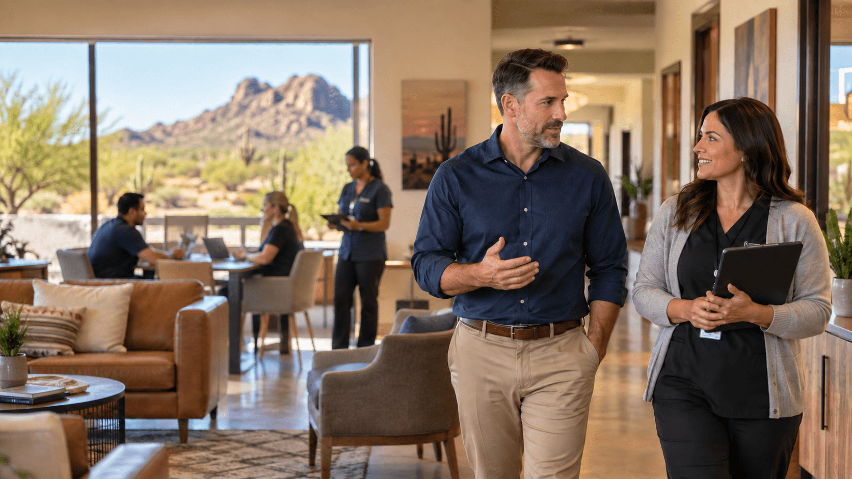 Man and woman walk through a modern office with a large window overlooking desert mountains.