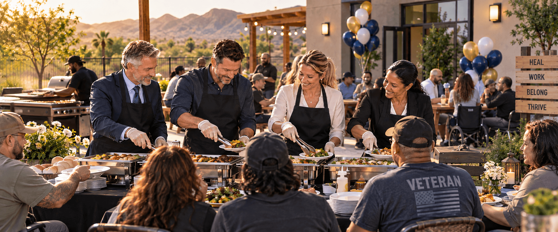 Smiling professionals in aprons serve food to veterans and guests at an outdoor sunset buffet.