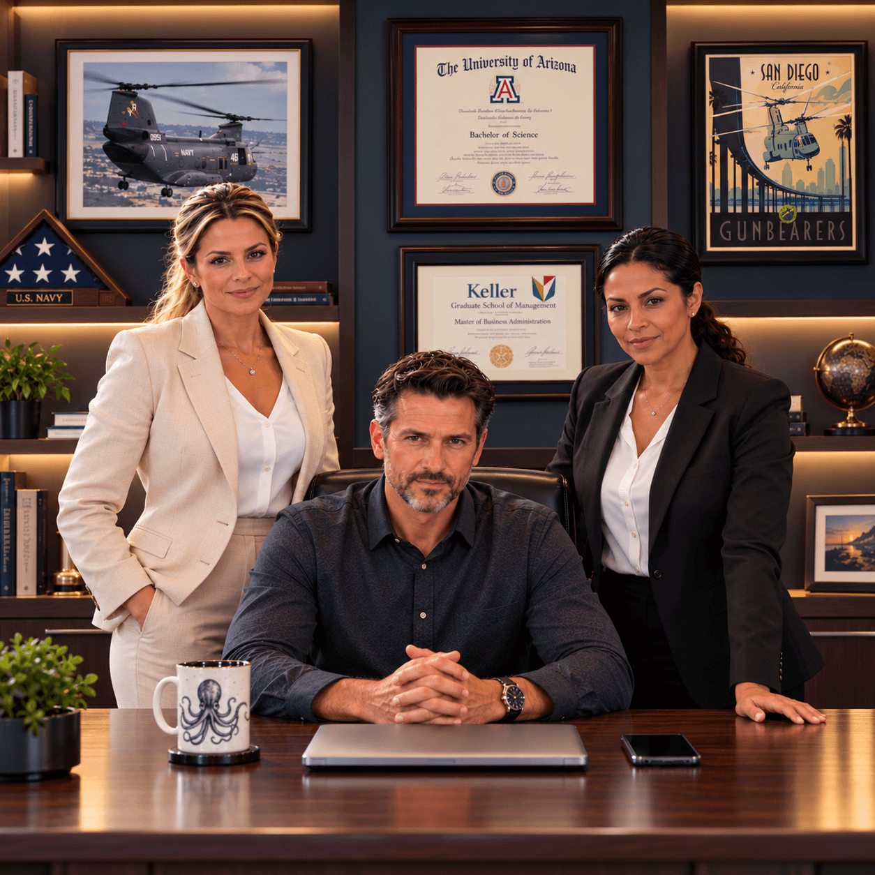 Three business professionals pose in a sophisticated office decorated with diplomas and military-themed artwork.