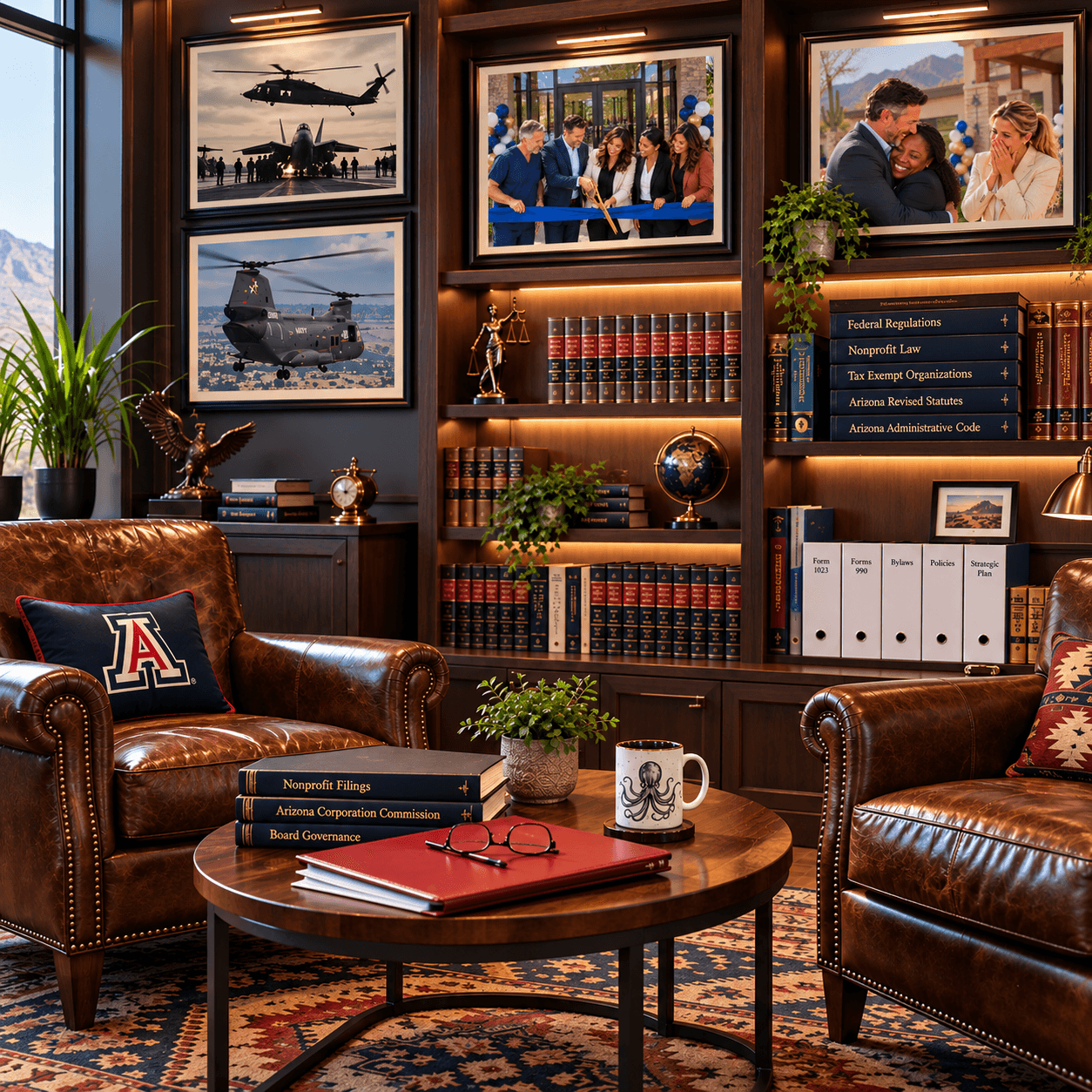 Sophisticated law office featuring leather armchairs, a bookshelf of legal texts, and framed professional photographs.