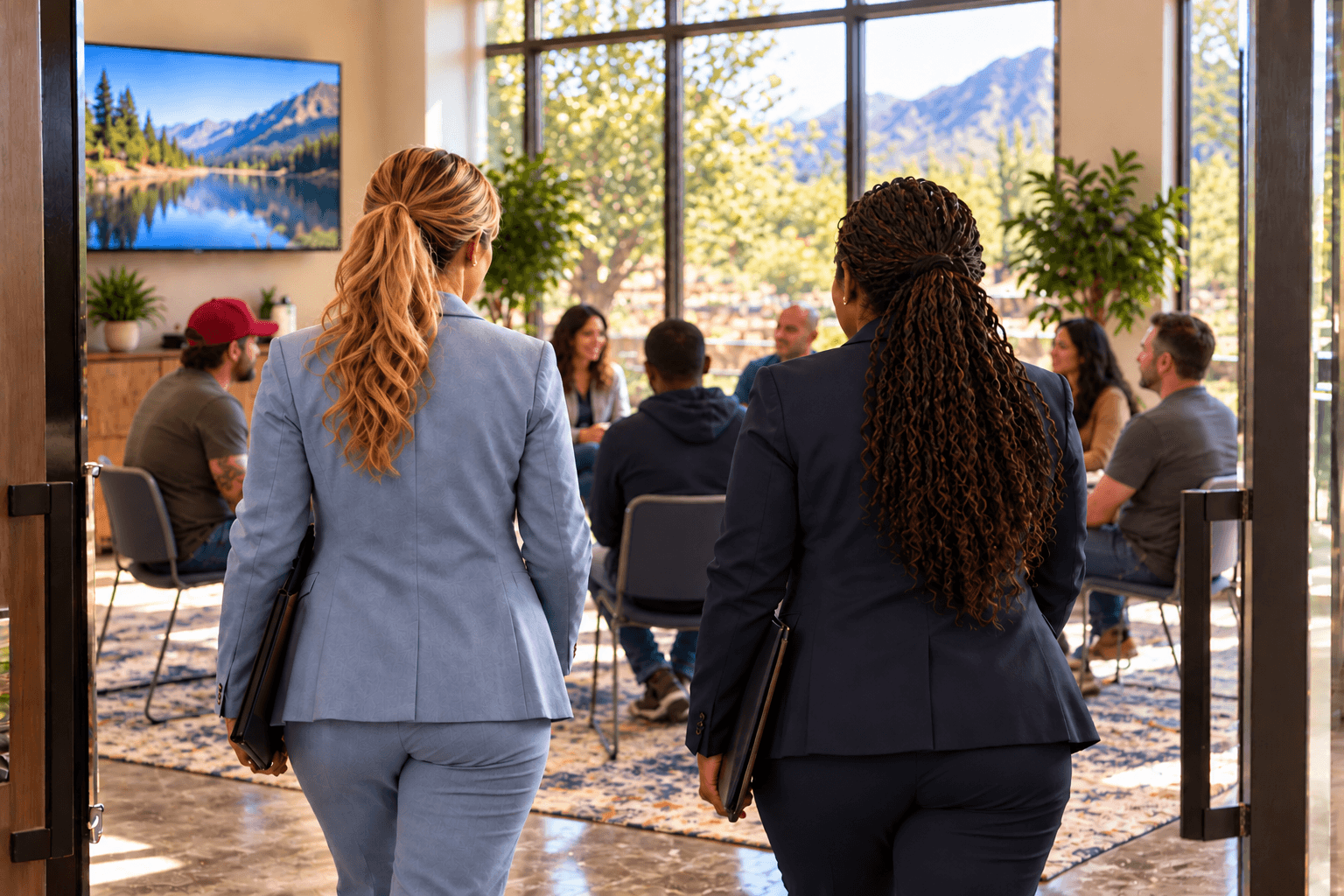 Two women in business suits walk into a meeting room with scenic mountain views.
