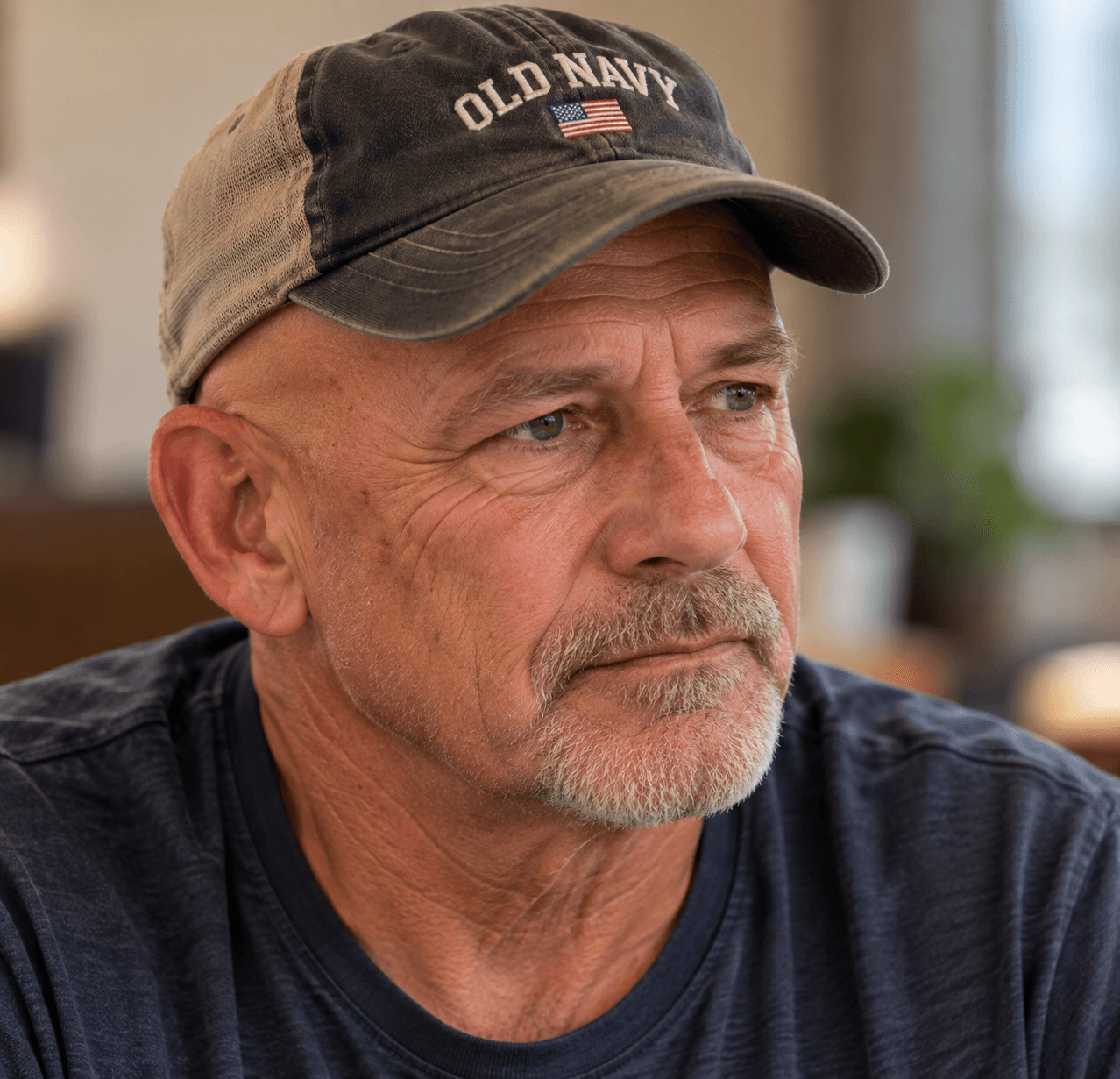 Older man with a gray beard wearing a blue Old Navy cap looking thoughtfully away.
