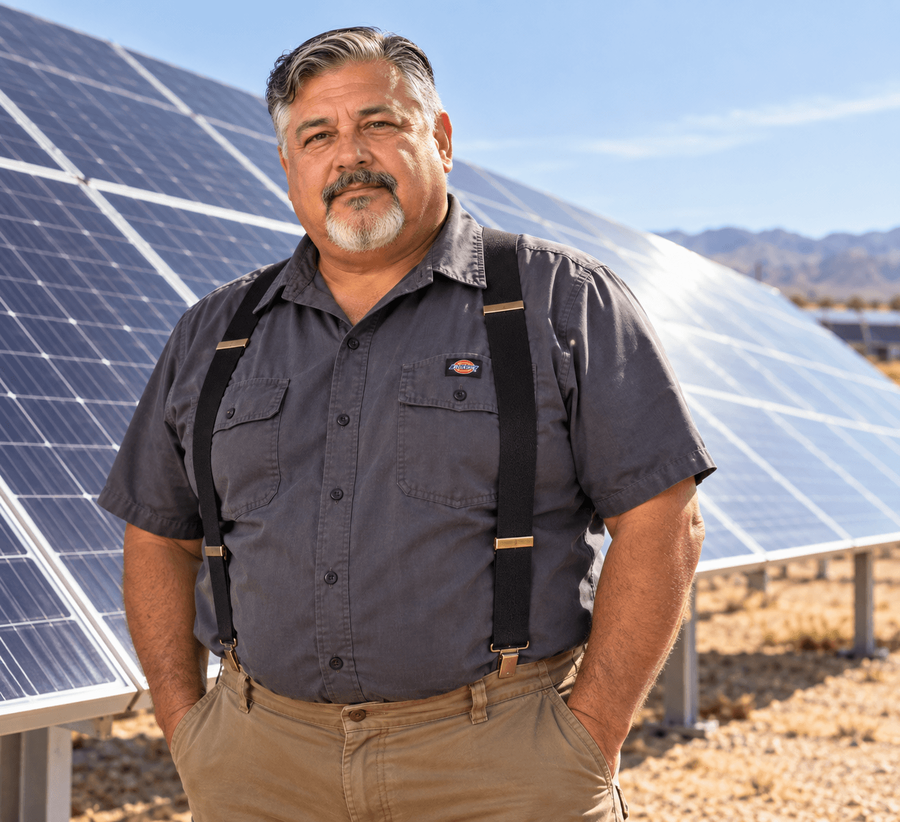 Middle-aged man with a goatee and suspenders standing before a large solar panel array.