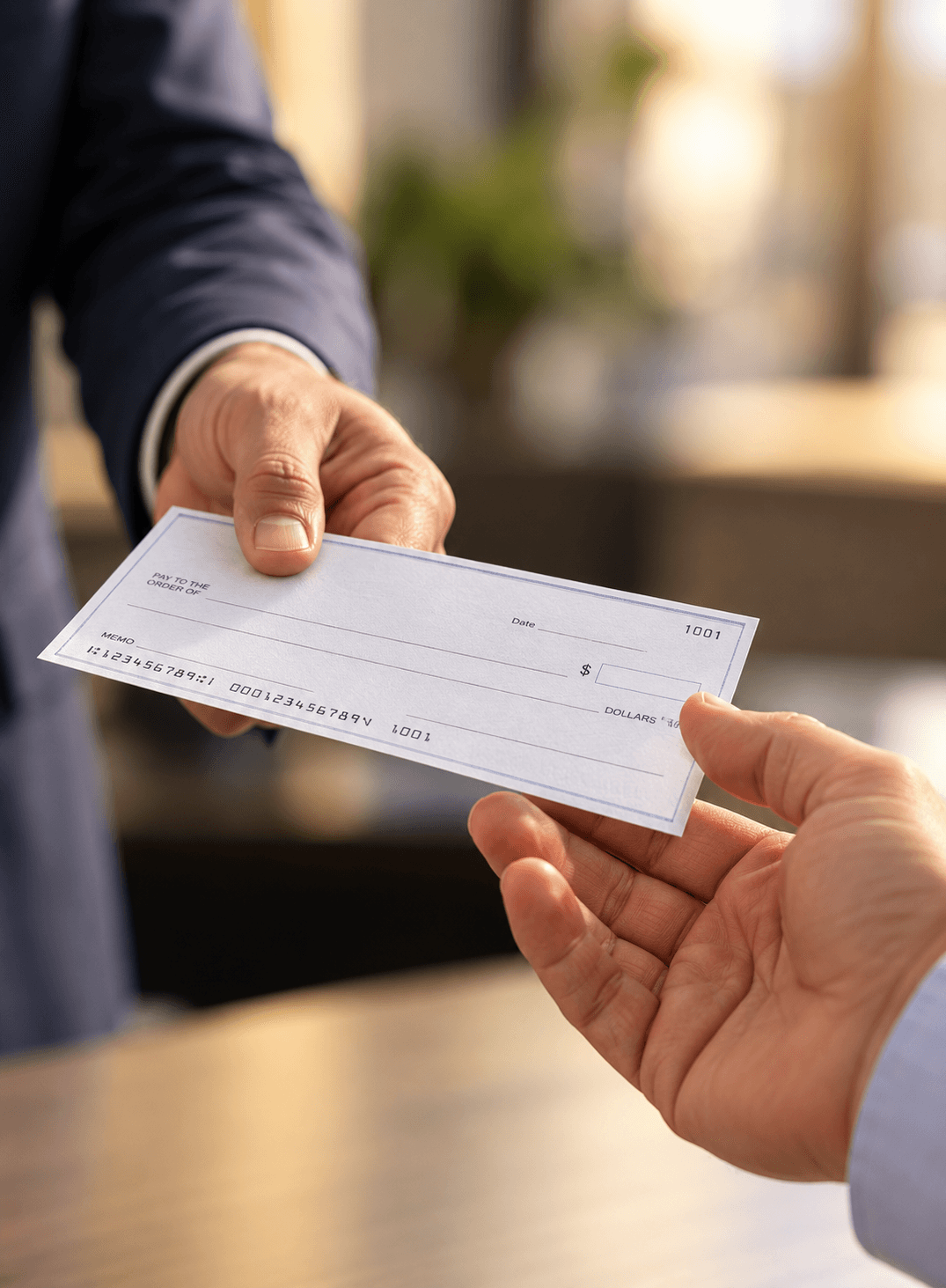 A person in a suit hands a blank bank check to another person's outstretched hand.