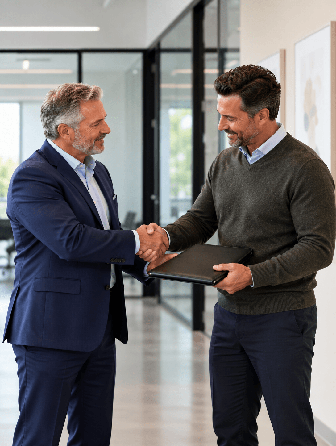 Two professional men shaking hands in a modern office hallway, one holding a black portfolio.