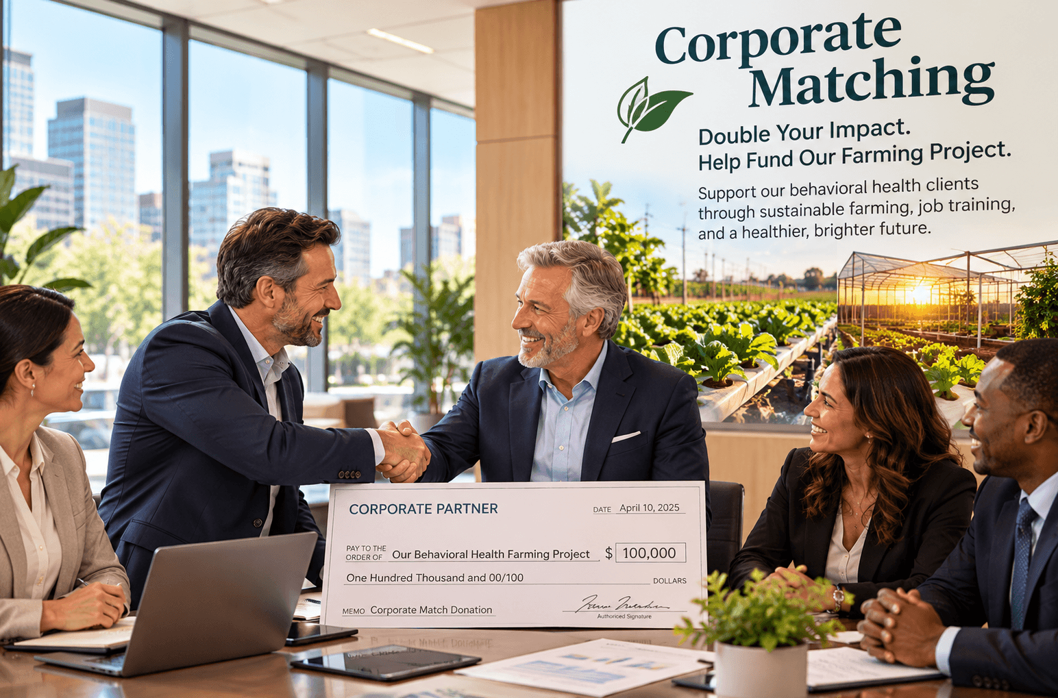 Business professionals shaking hands over a $100,000 corporate matching check for a farming project.