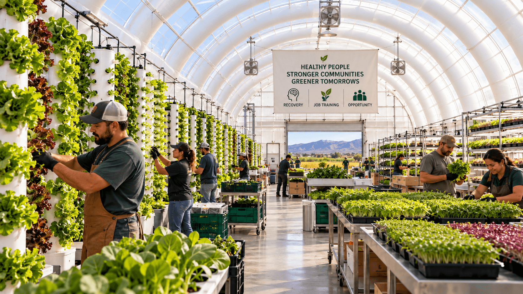 Workers tending vertical hydroponic towers in a bright greenhouse under a community mission banner.