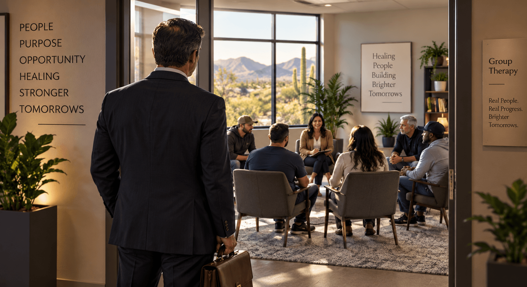 Man in a suit watches a group therapy session in a bright, scenic office.