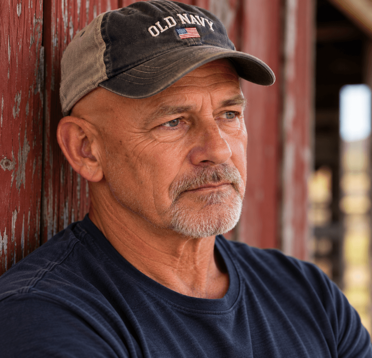 Pensive man with a gray beard wearing a baseball cap against a weathered red barn.