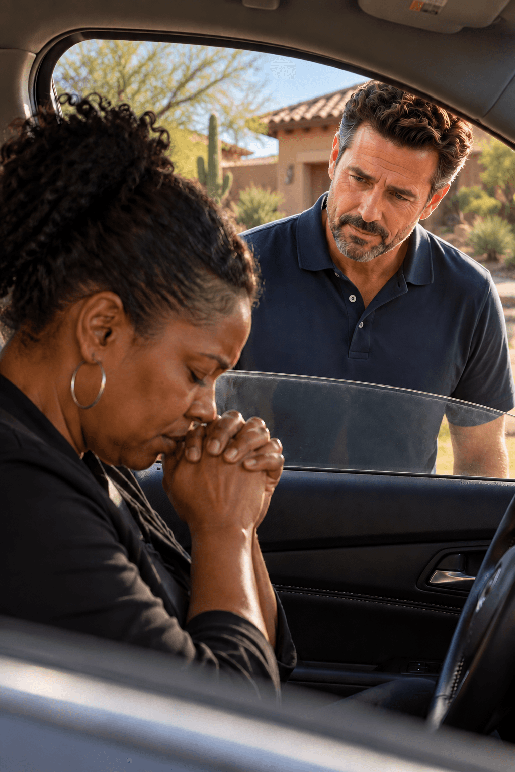 Distressed woman prays in a car while a concerned man watches through the open window.