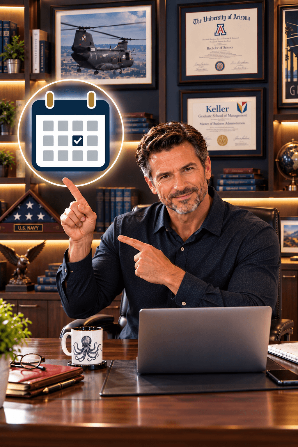Smiling man in an office pointing at a glowing calendar icon with a checkmark.