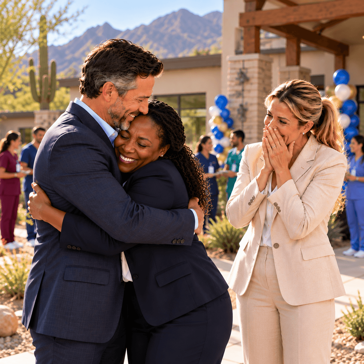 Two professionals hug joyfully at an outdoor celebration while a colleague watches with happy surprise.