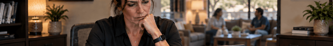 Concerned woman looks down thoughtfully with a blurred living room and people in the background.