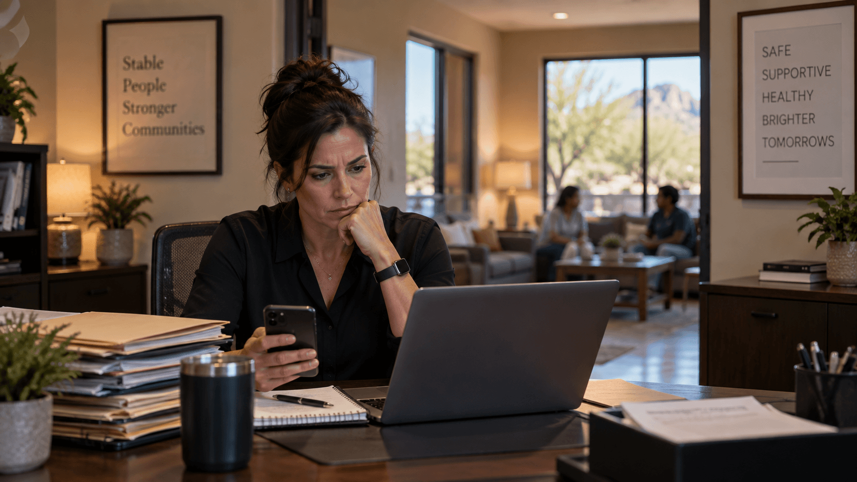 Concerned woman at a desk with a laptop and phone, surrounded by stacks of folders.
